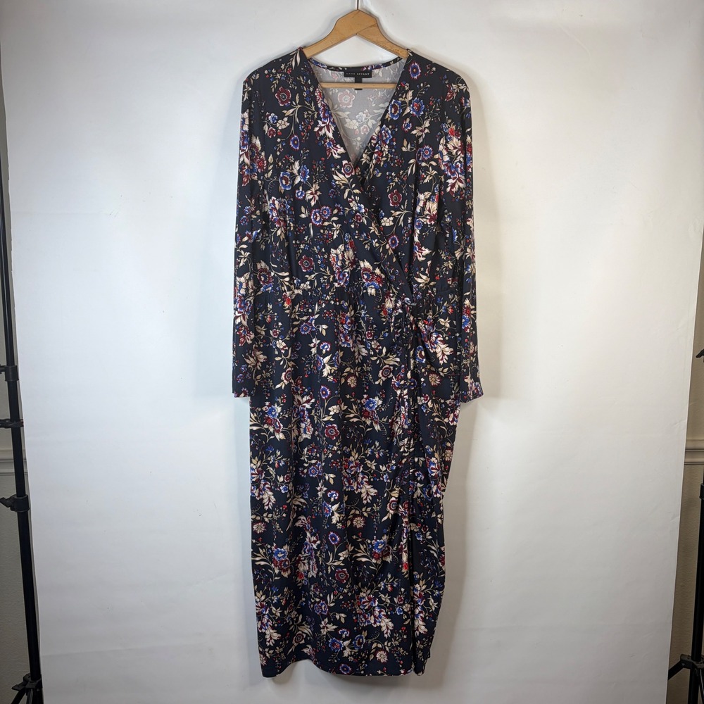 Lane Bryant Maxi Dress Women 22/24 Navy Floral Faux Wrap Ruched Slit Long Sleeve